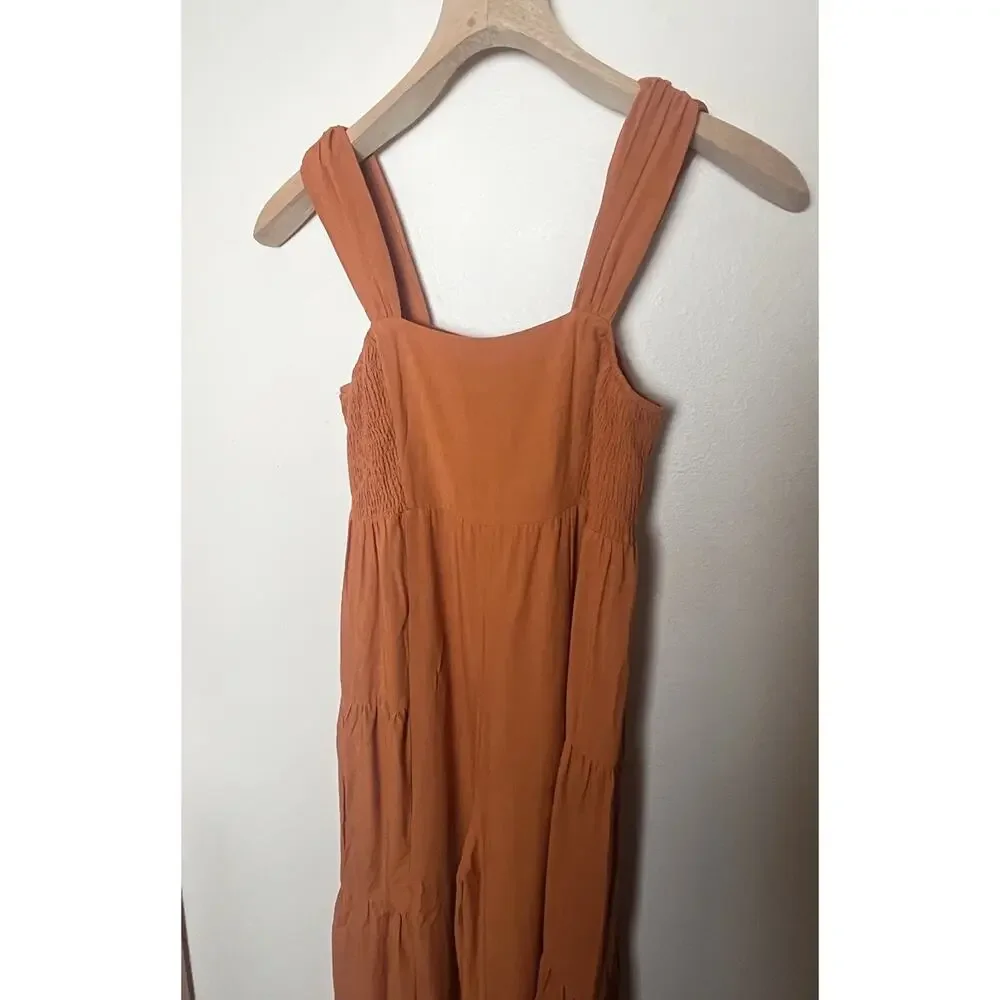 NWT Very J Wide Leg Palazzo Jumpsuit Women’s Sz Large Camel Orange Smocked - Picture 6 of 13